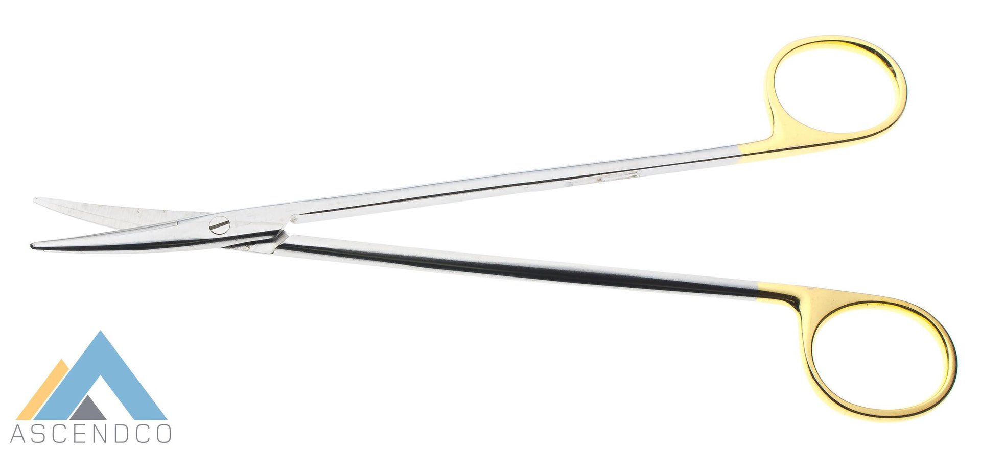 traight Mayo scissors labeled with standardized name, length, and tungsten carbide detail