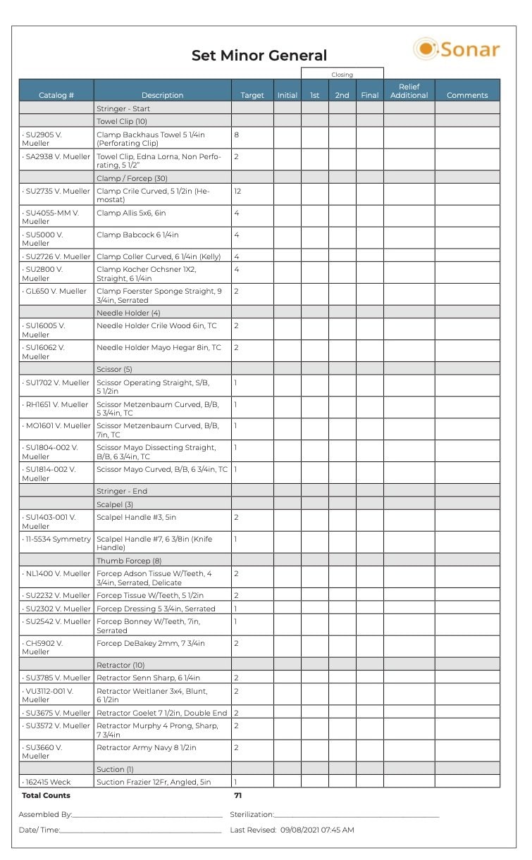 Sample surgical count sheet using standardized instrument names and consistent formatting. For each instrument there is a column for catalog numbers, descriptions, instrument counts, and comments.